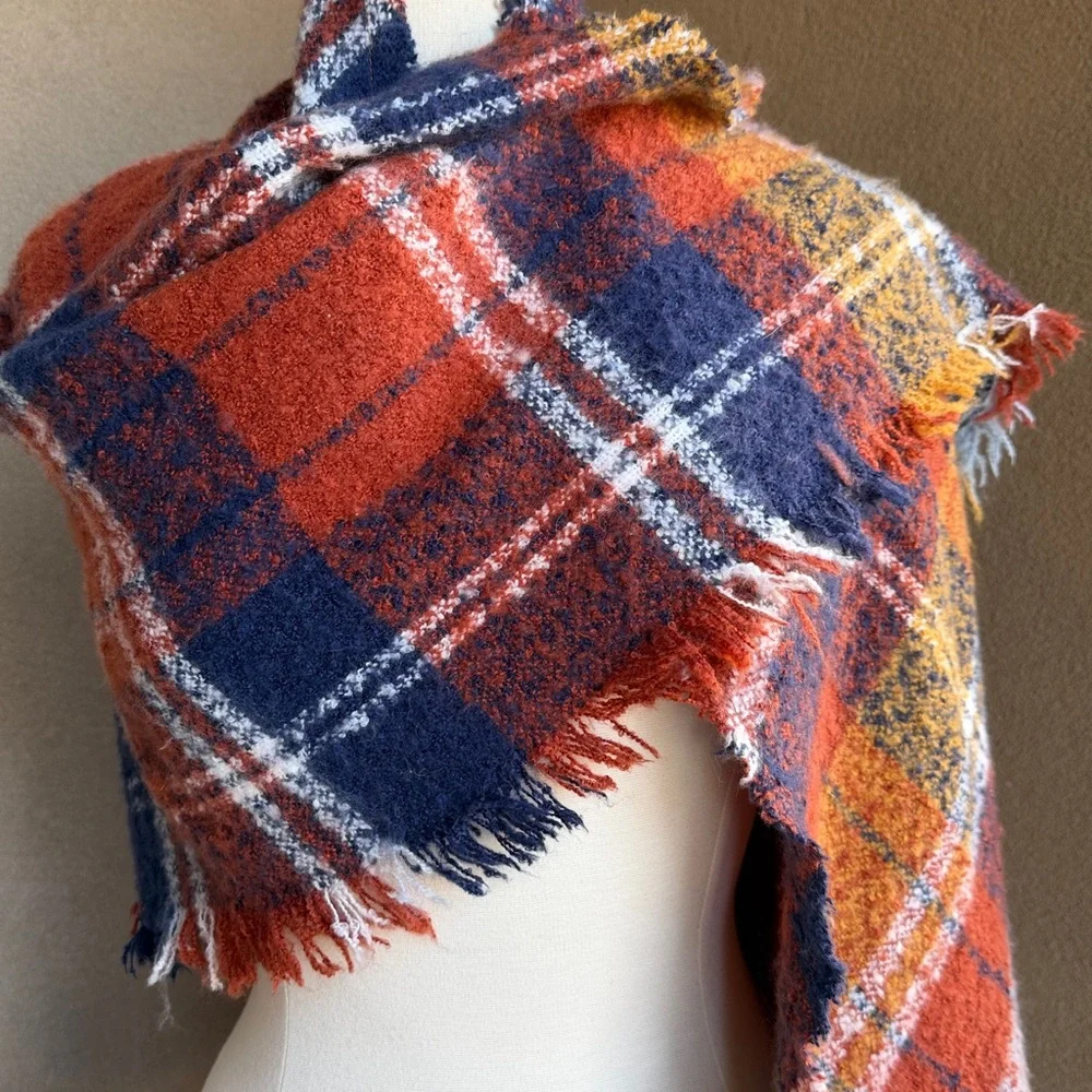Plaid Fringe Shawl/Blanket scarf in earth tone rust, navy and gold